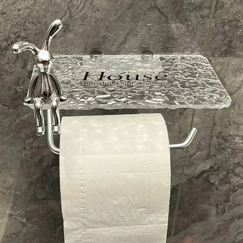 Luxury Gold Toilet Paper Holder with Shelf - No Drilling Acrylic Tissue Hanger