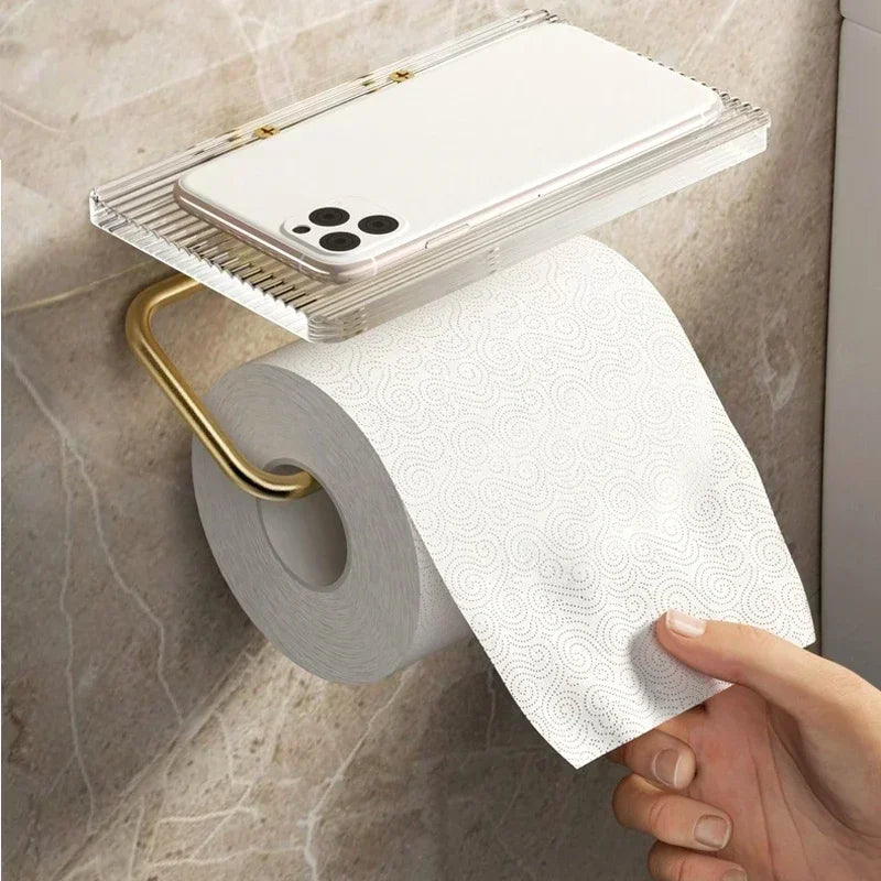 Luxury Gold Toilet Paper Holder with Shelf - No Drilling Acrylic Tissue Hanger