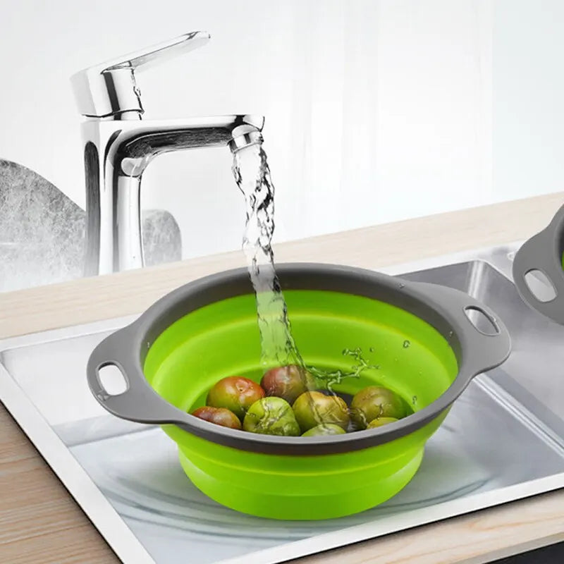 Collapsible Silicone Strainer with Handle - Space-Saving Fruit and Vegetable Drainer for Kitchen Storage