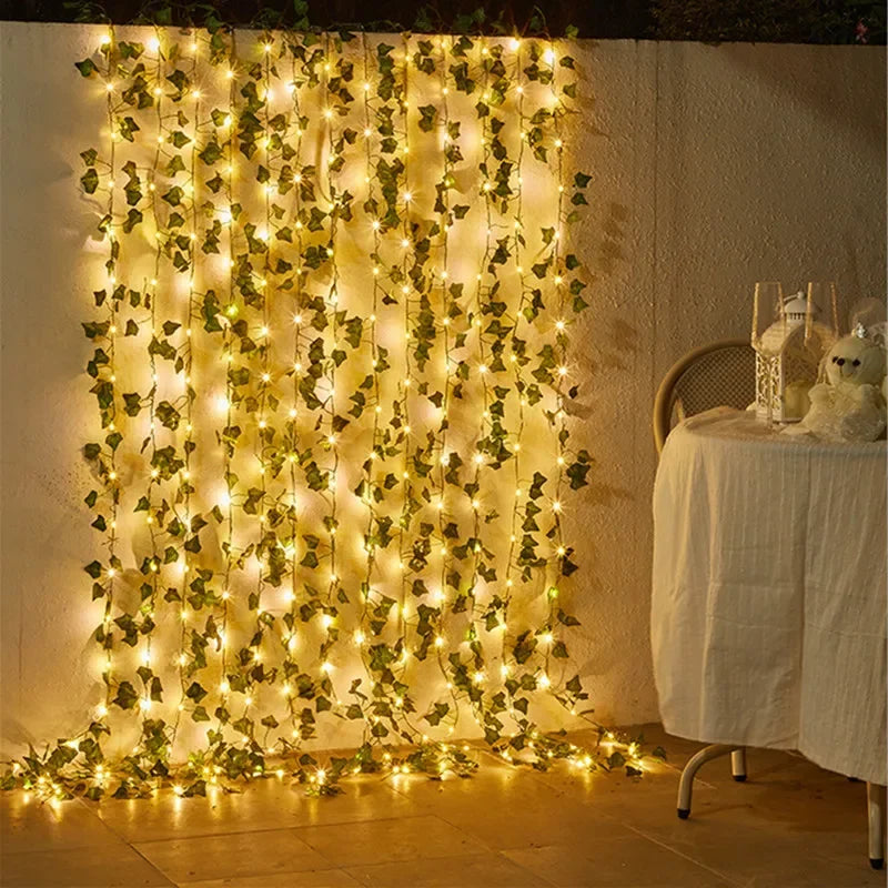 Flower & Green Leaf String Lights - Battery-Powered Artificial Vine Garland for Home & Wedding Decor