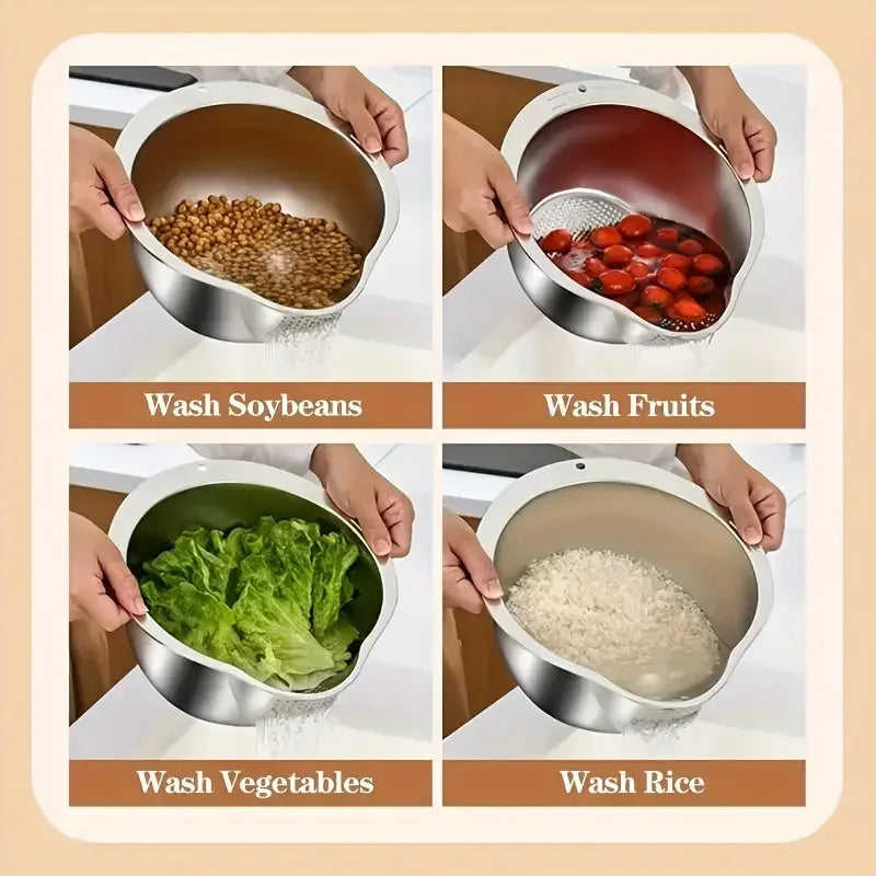 Stainless Steel Rice Washer and Strainer Bowl - Multi-Use Sieve for Rice, Fruits, and Vegetables