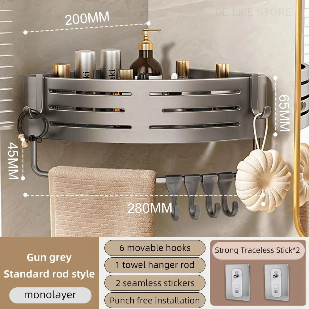 Bathroom Corner Shelf with Towel Bar – No-Drill Aluminum Shower Organizer