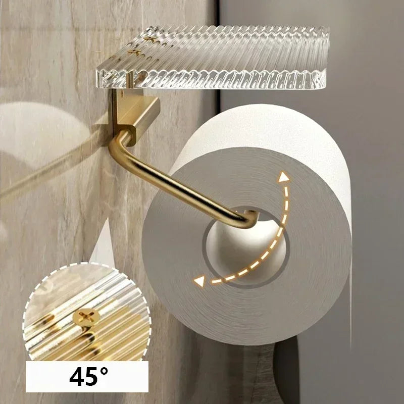 Luxury Gold Toilet Paper Holder with Shelf - No Drilling Acrylic Tissue Hanger