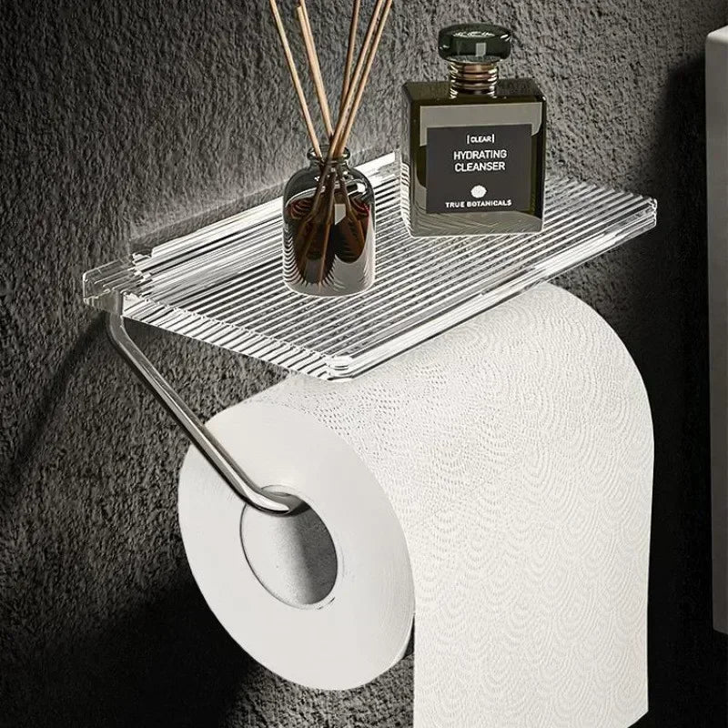Luxury Gold Toilet Paper Holder with Shelf - No Drilling Acrylic Tissue Hanger