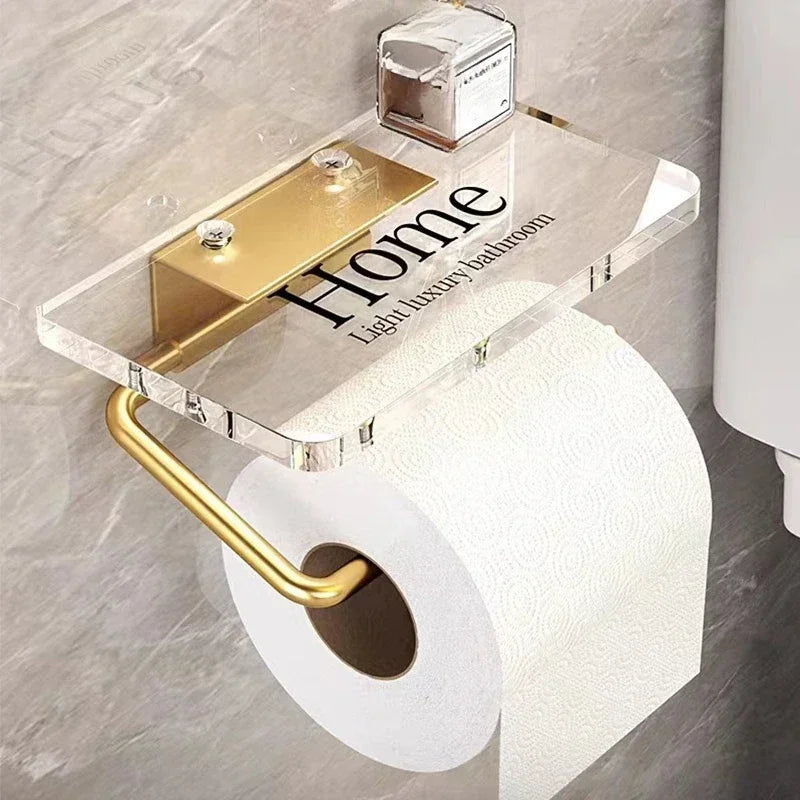 Luxury Gold Toilet Paper Holder with Shelf - No Drilling Acrylic Tissue Hanger