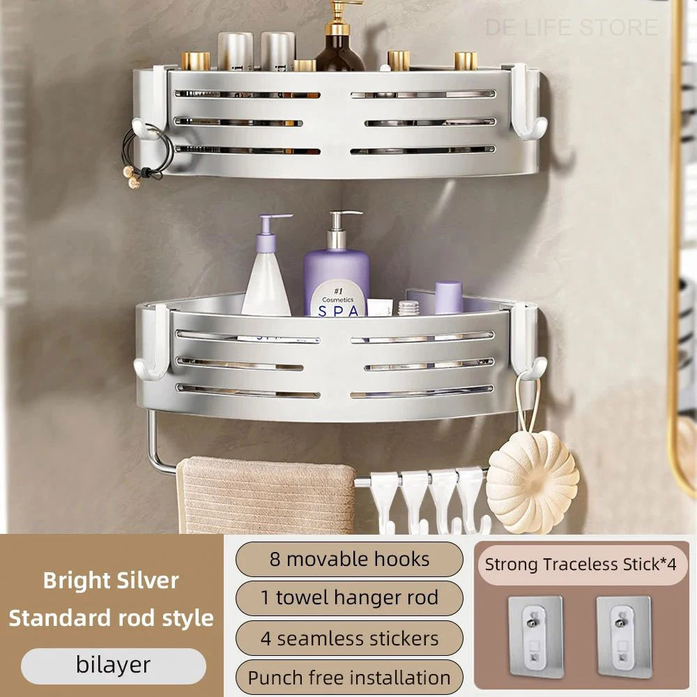Bathroom Corner Shelf with Towel Bar – No-Drill Aluminum Shower Organizer