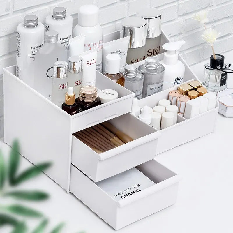 White Plastic Drawer Makeup Storage Box - Dormitory Desktop Cosmetics and Skin Care Organizer