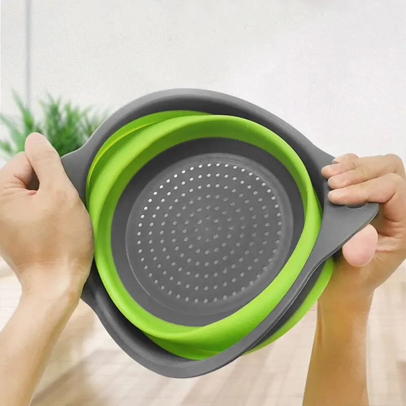 Collapsible Silicone Strainer with Handle - Space-Saving Fruit and Vegetable Drainer for Kitchen Storage