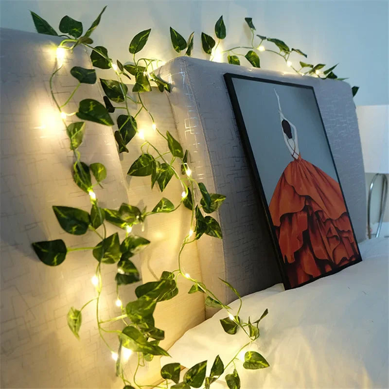 Flower & Green Leaf String Lights - Battery-Powered Artificial Vine Garland for Home & Wedding Decor