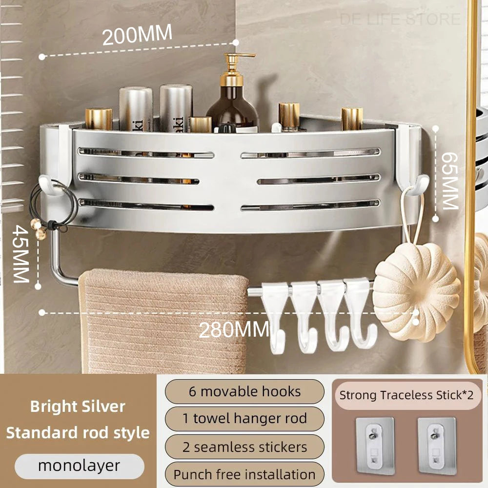 Bathroom Corner Shelf with Towel Bar – No-Drill Aluminum Shower Organizer