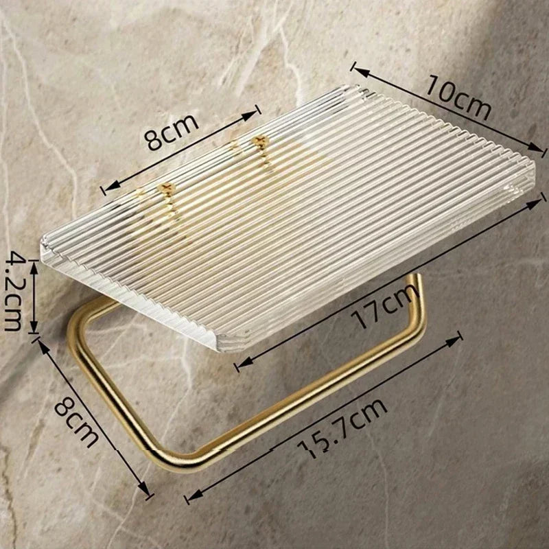 Luxury Gold Toilet Paper Holder with Shelf - No Drilling Acrylic Tissue Hanger
