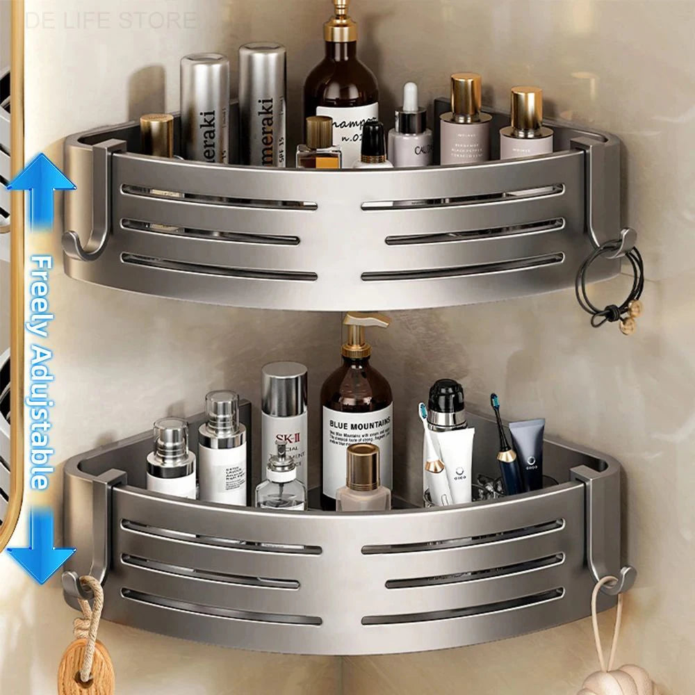 Bathroom Corner Shelf with Towel Bar – No-Drill Aluminum Shower Organizer
