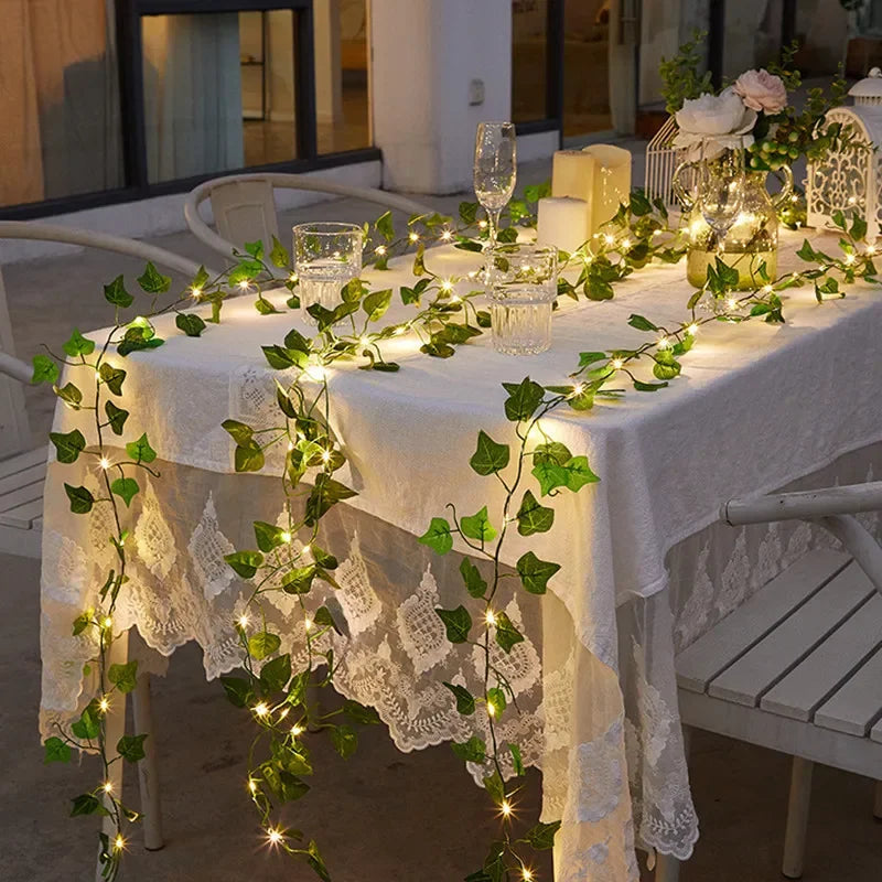 Flower & Green Leaf String Lights - Battery-Powered Artificial Vine Garland for Home & Wedding Decor