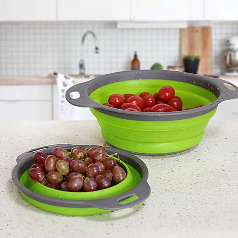 Collapsible Silicone Strainer with Handle - Space-Saving Fruit and Vegetable Drainer for Kitchen Storage