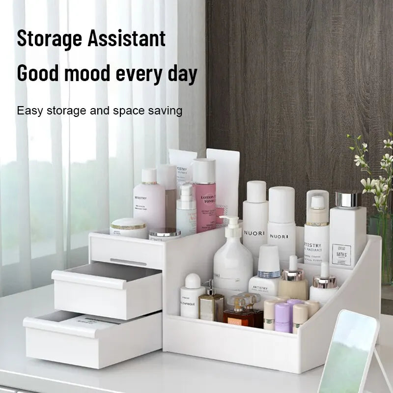White Plastic Drawer Makeup Storage Box - Dormitory Desktop Cosmetics and Skin Care Organizer