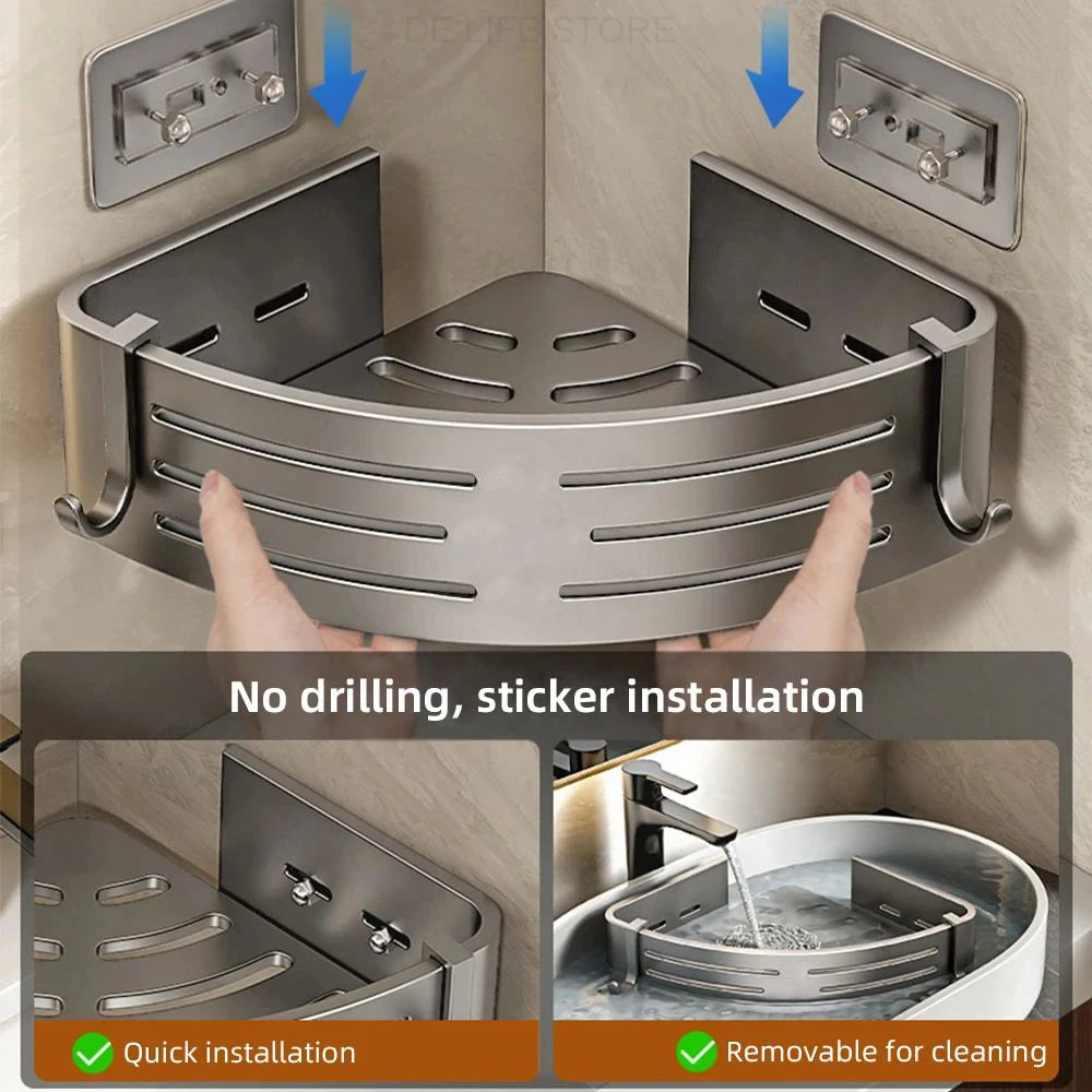 Bathroom Corner Shelf with Towel Bar – No-Drill Aluminum Shower Organizer