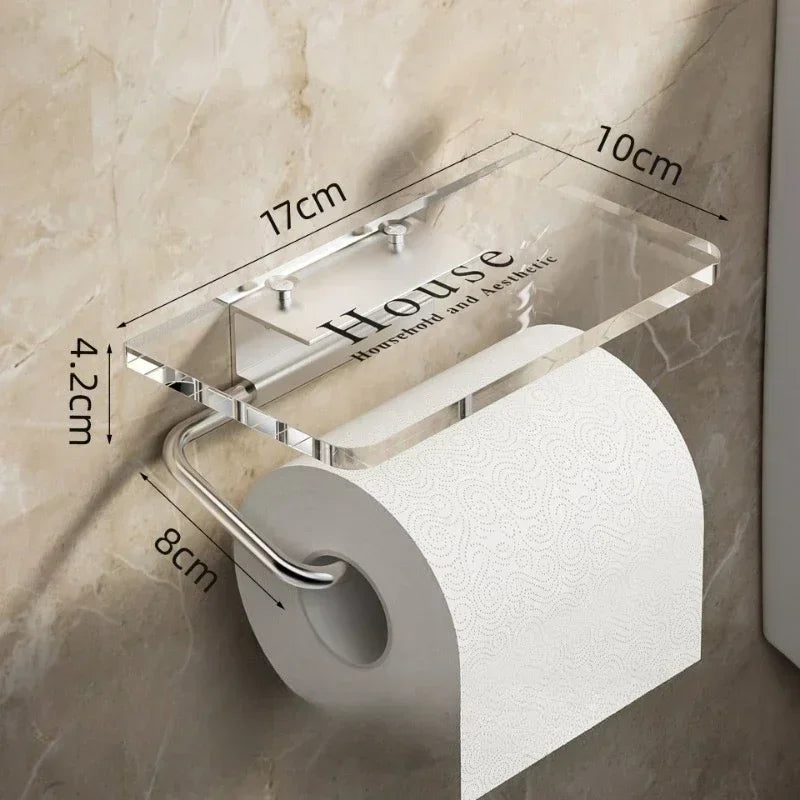 Luxury Gold Toilet Paper Holder with Shelf - No Drilling Acrylic Tissue Hanger