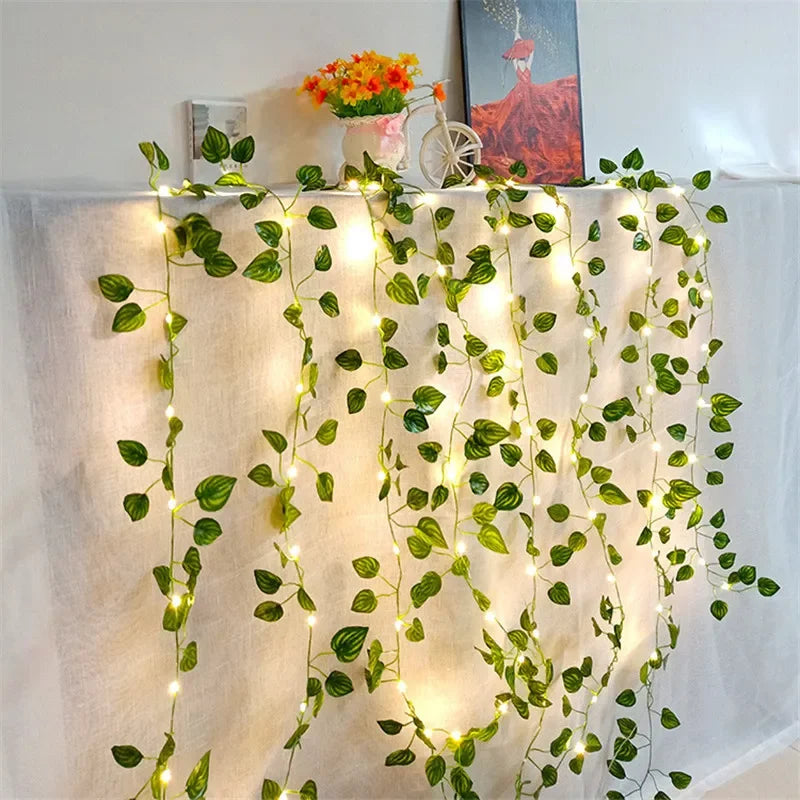 Flower & Green Leaf String Lights - Battery-Powered Artificial Vine Garland for Home & Wedding Decor