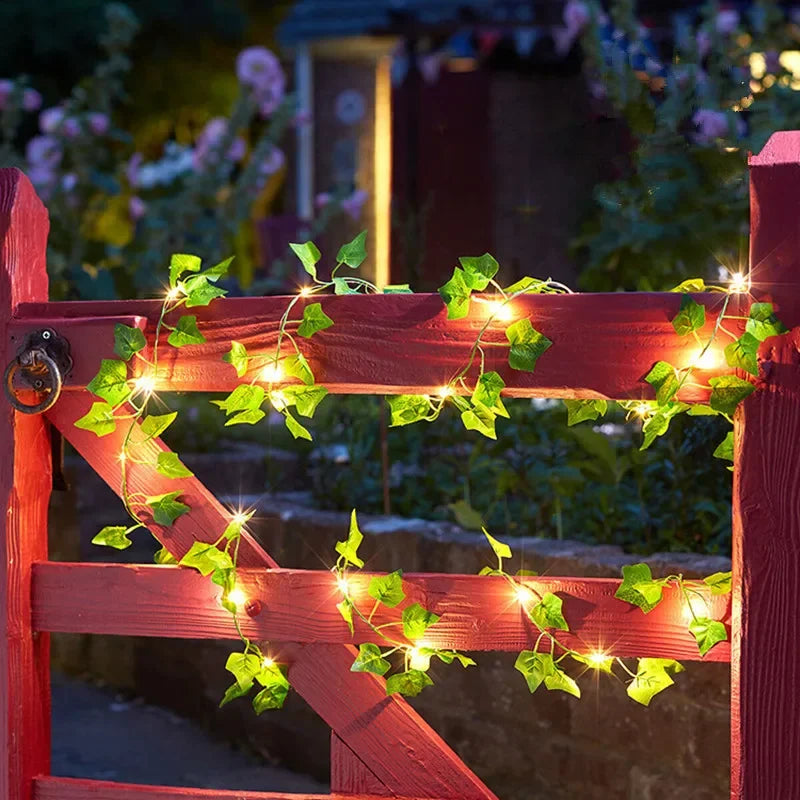 Flower & Green Leaf String Lights - Battery-Powered Artificial Vine Garland for Home & Wedding Decor