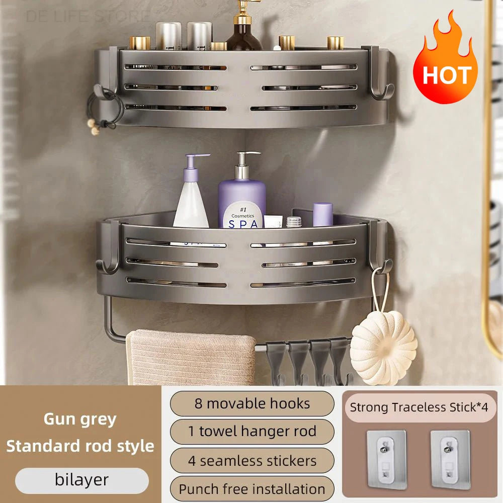 Bathroom Corner Shelf with Towel Bar – No-Drill Aluminum Shower Organizer