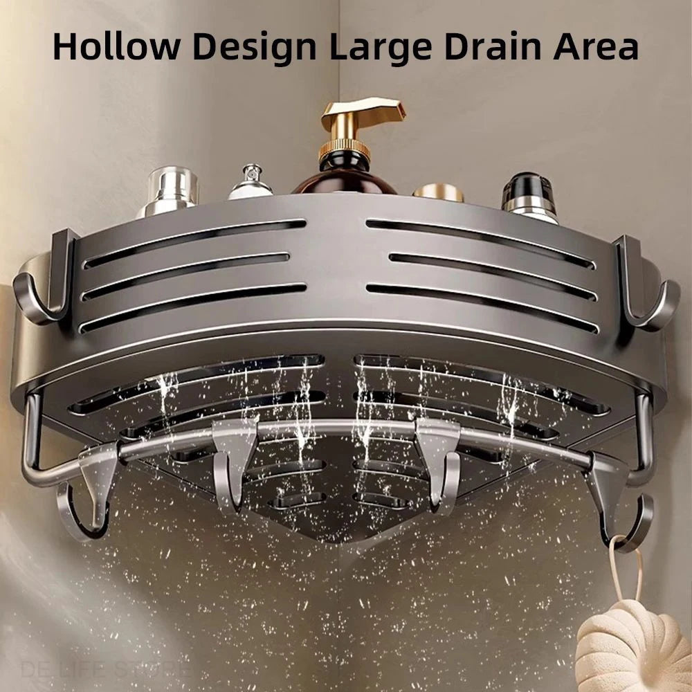 Bathroom Corner Shelf with Towel Bar – No-Drill Aluminum Shower Organizer