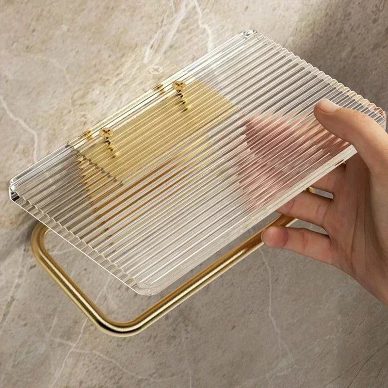 Luxury Gold Toilet Paper Holder with Shelf - No Drilling Acrylic Tissue Hanger