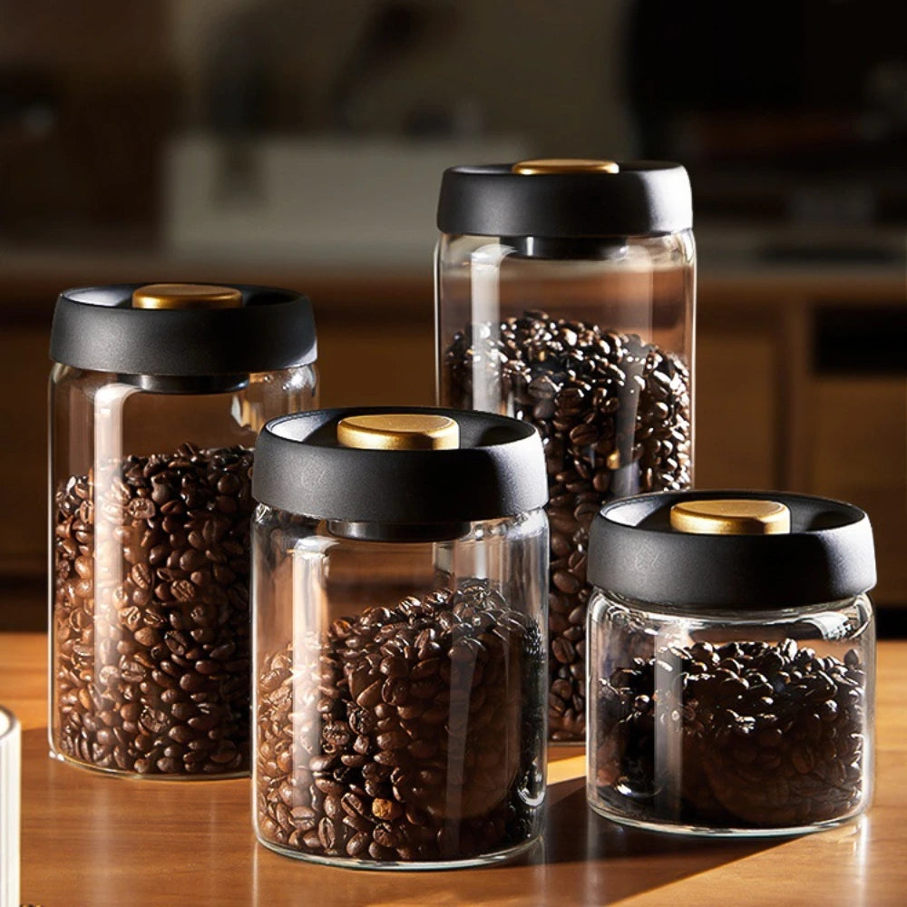 Transparent Glass Coffee Bean Jar with Vacuum Seal, Airtight Storage Container