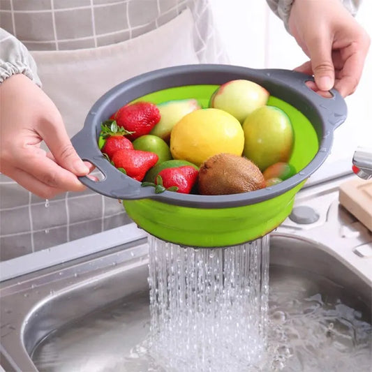Collapsible Silicone Strainer with Handle - Space-Saving Fruit and Vegetable Drainer for Kitchen Storage
