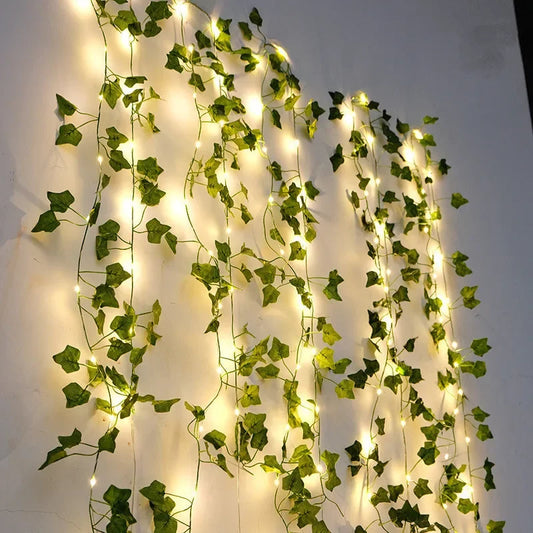 Flower & Green Leaf String Lights - Battery-Powered Artificial Vine Garland for Home & Wedding Decor