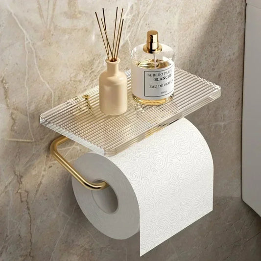Luxury Gold Toilet Paper Holder with Shelf - No Drilling Acrylic Tissue Hanger