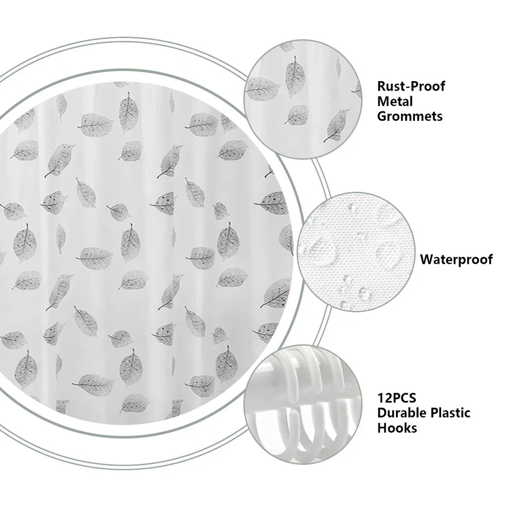 Modern Leaf Pattern Transparent Shower Curtain, Lightweight Liner with Plastic Hooks