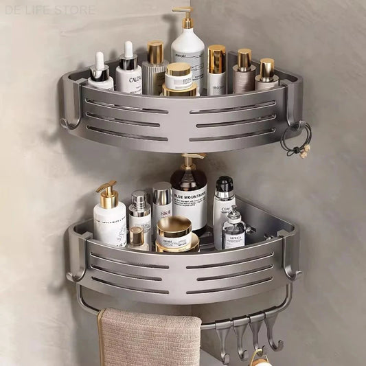 Bathroom Corner Shelf with Towel Bar – No-Drill Aluminum Shower Organizer