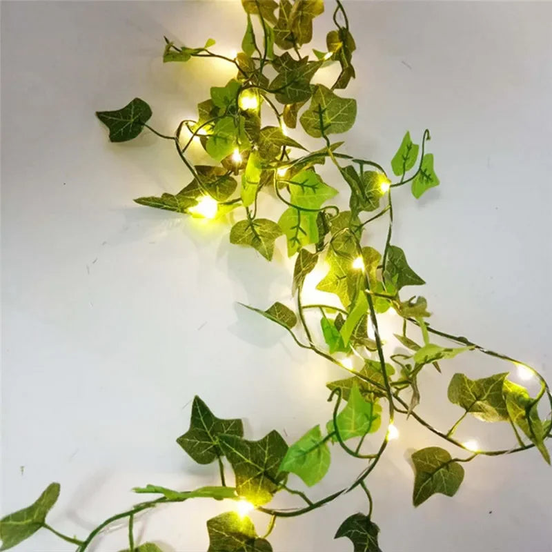 Flower & Green Leaf String Lights - Battery-Powered Artificial Vine Garland for Home & Wedding Decor