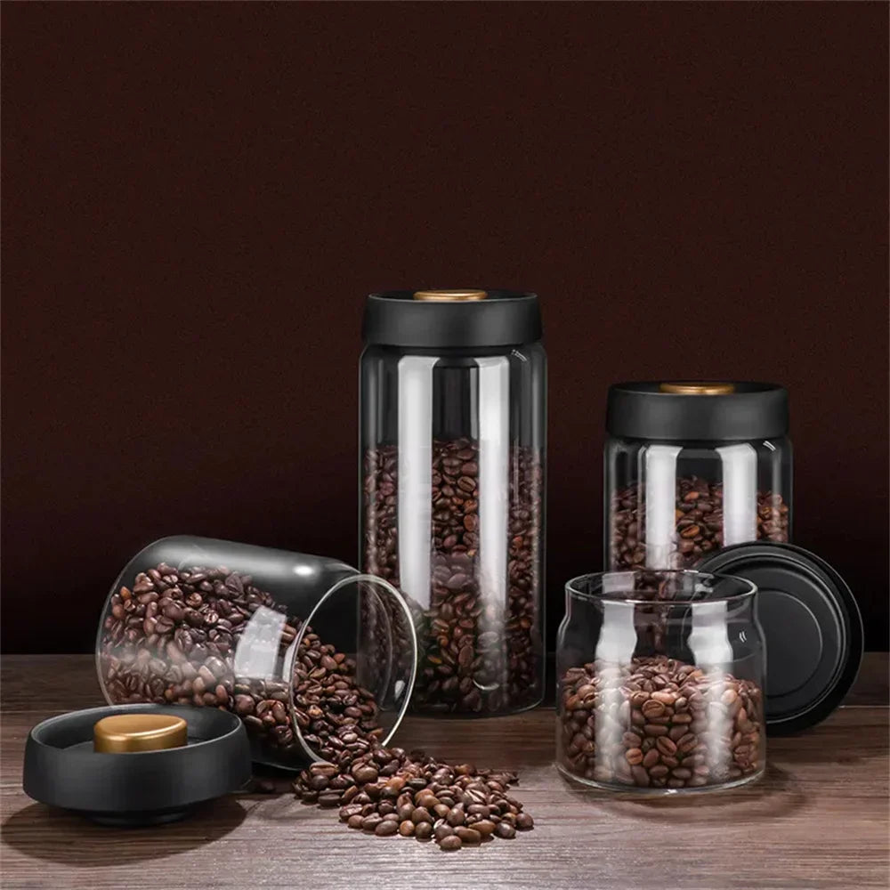 Transparent Glass Coffee Bean Jar with Vacuum Seal, Airtight Storage Container