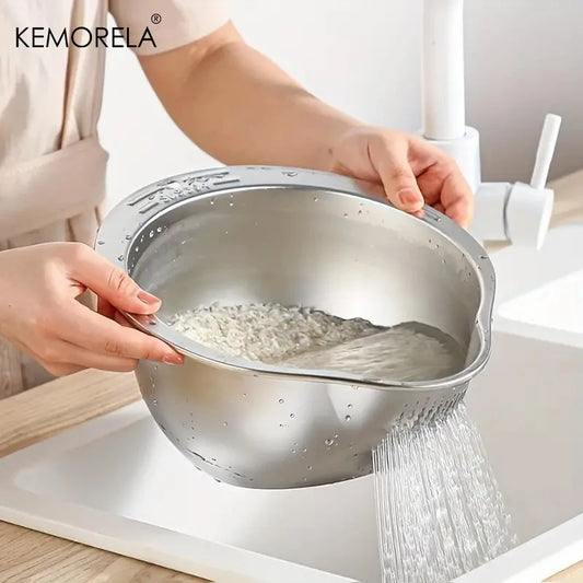 Stainless Steel Rice Washer and Strainer Bowl - Multi-Use Sieve for Rice, Fruits, and Vegetables