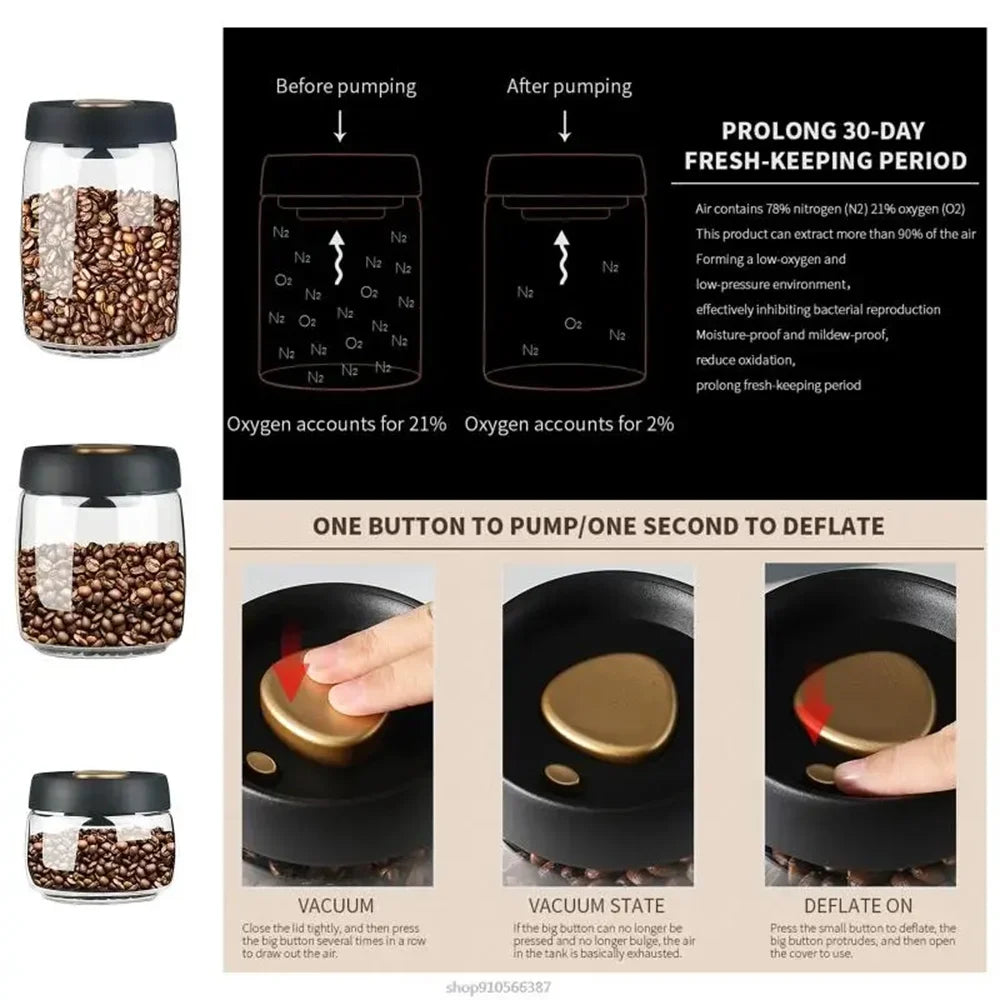 Transparent Glass Coffee Bean Jar with Vacuum Seal, Airtight Storage Container