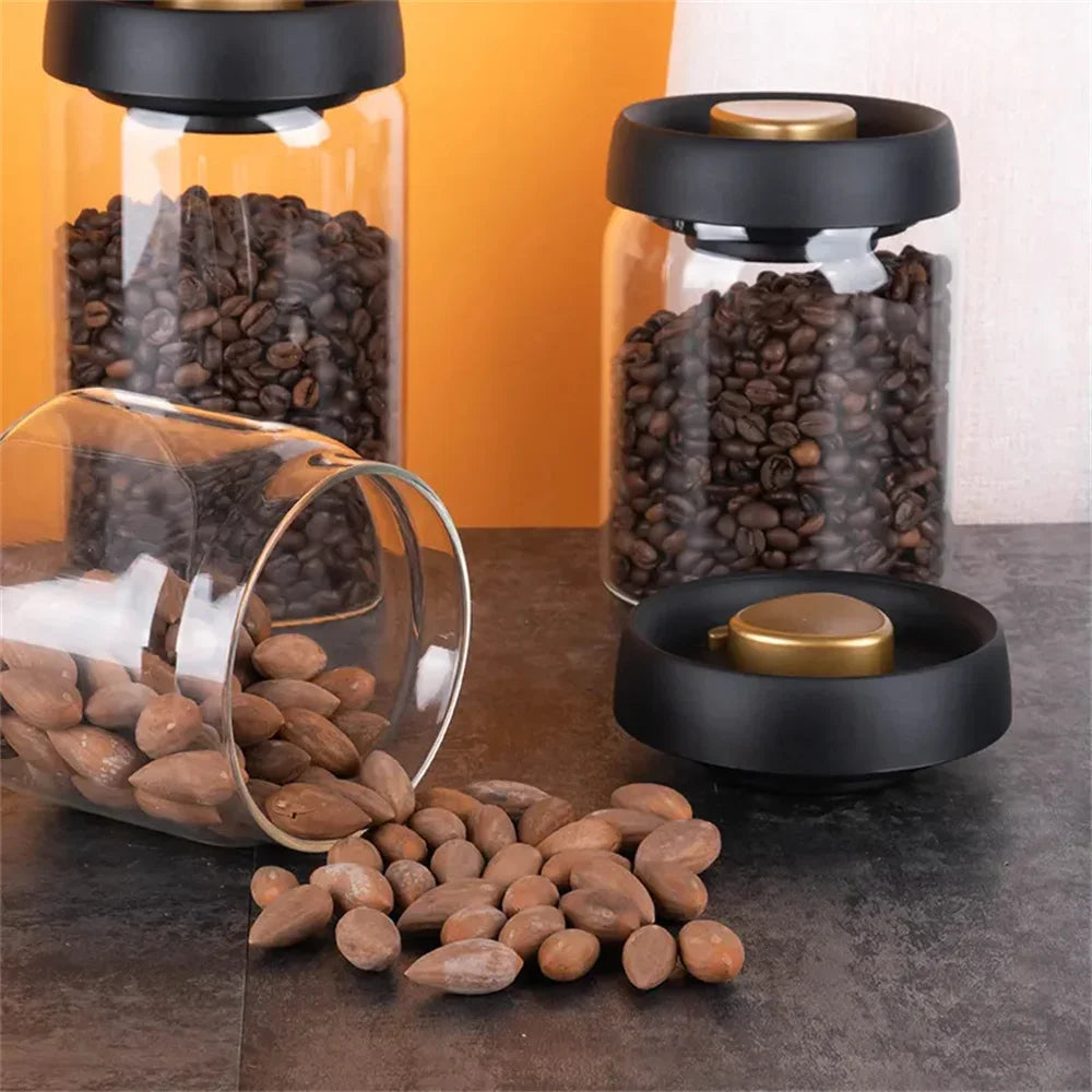 Transparent Glass Coffee Bean Jar with Vacuum Seal, Airtight Storage Container