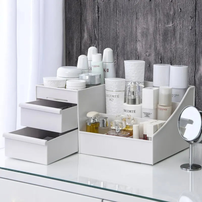 Modern White Makeup Storage Box with Drawer, Skincare Organizer