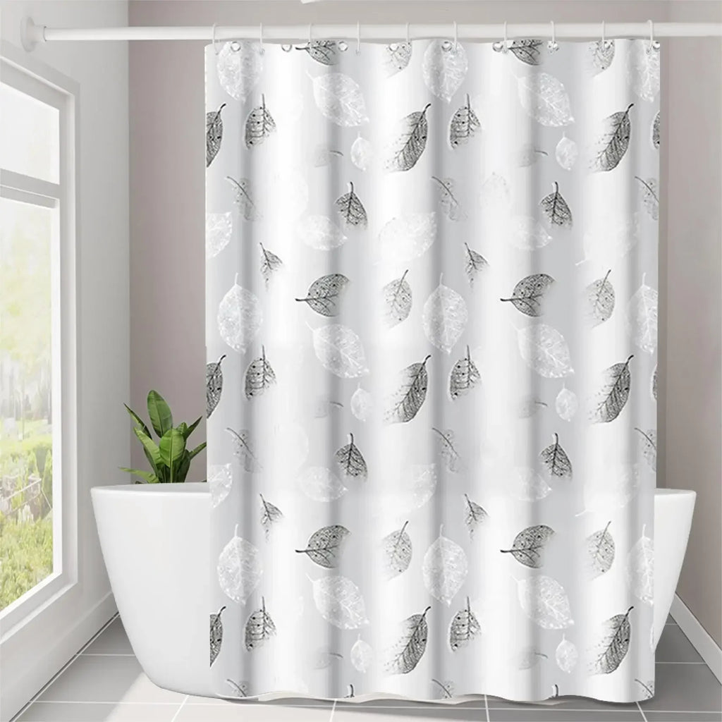 Modern Leaf Pattern Transparent Shower Curtain, Lightweight Liner with Plastic Hooks