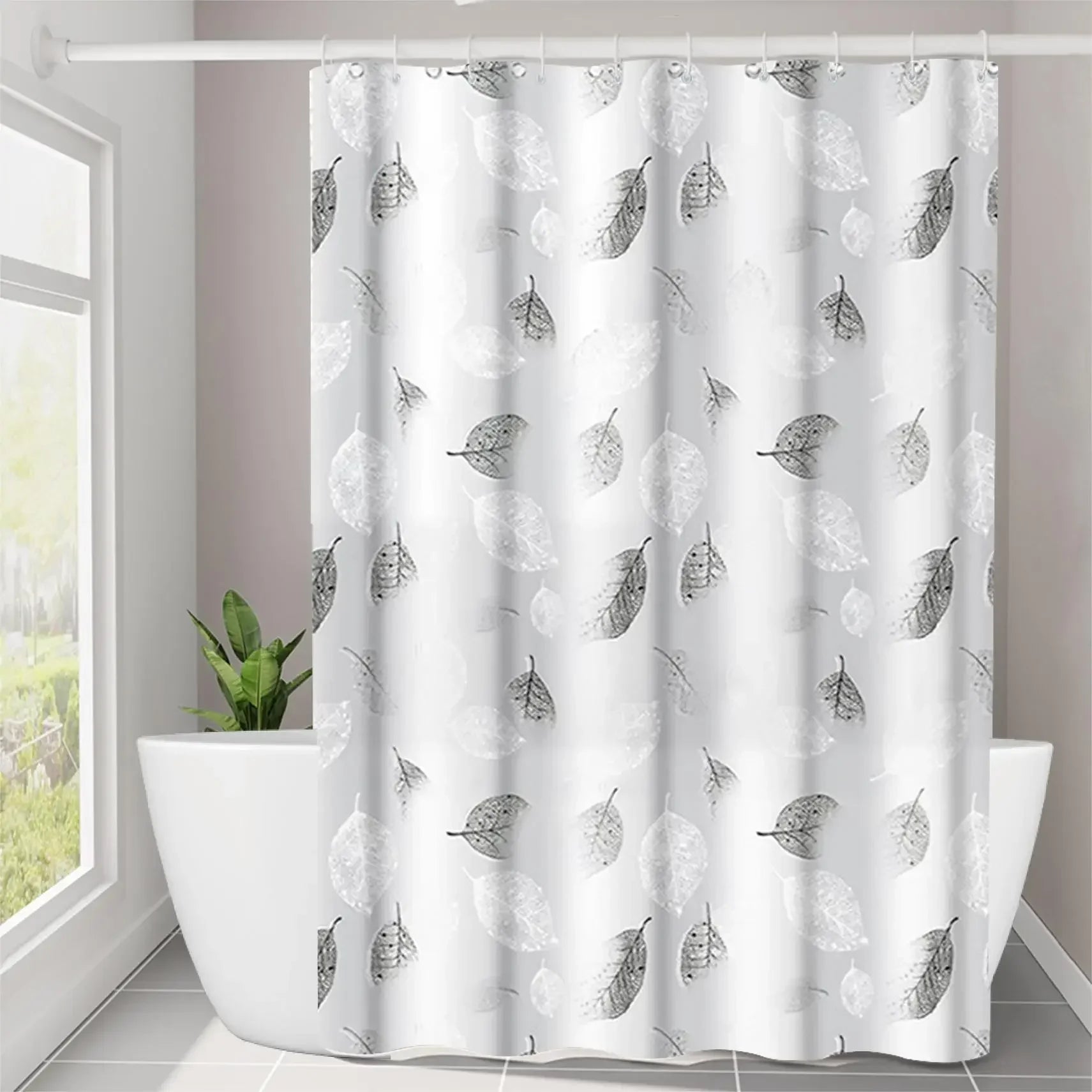 Modern Leaf Pattern Transparent Shower Curtain, Lightweight Liner with Plastic Hooks