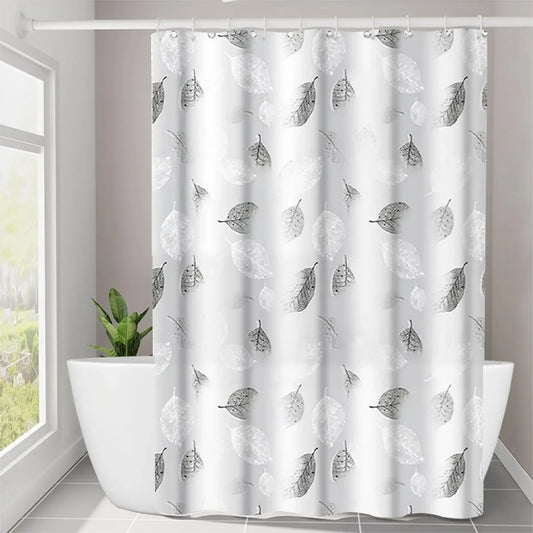 Modern Leaf Pattern Transparent Shower Curtain, Lightweight Liner with Plastic Hooks
